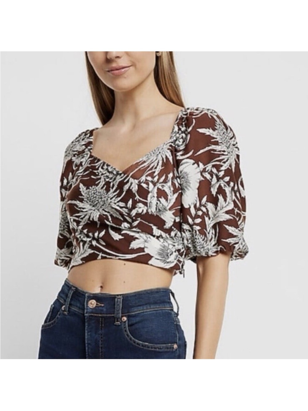 Express *NWT* Brown Floral Puff-Sleeve Crop Top